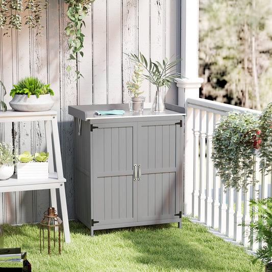 Wooden Garden Tool Storage Shed with Hinged Roof and Shelf Grey