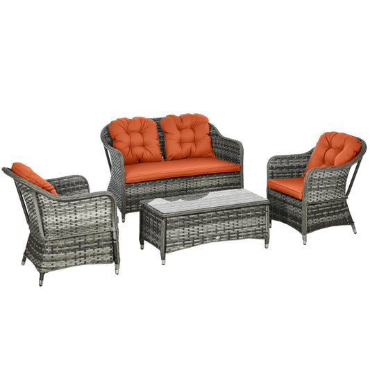 4 Piece Rattan Sofa Set with Glass Top Table - Orange-0
