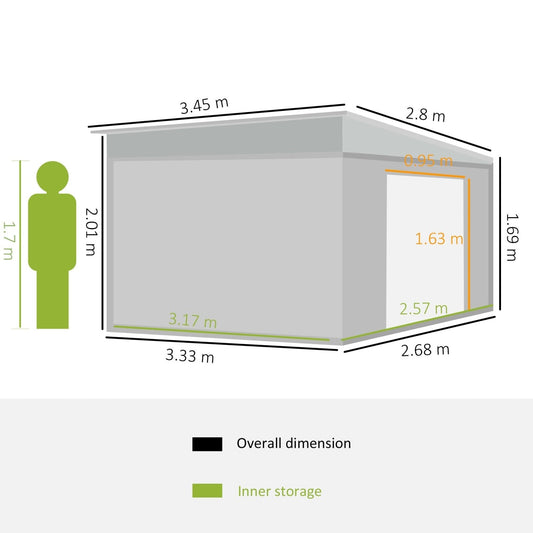 11 x 9 Ft Metal Garden Storage Shed with Sloped Roof Grey