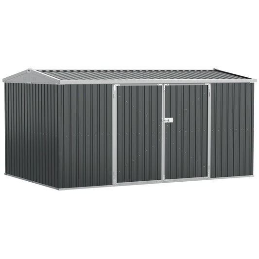 Large 14x9 Ft Lockable Garden Shed Steel Storage Building Grey
