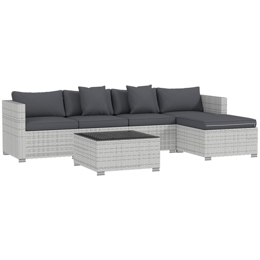 6 Piece Rattan Corner Sofa Set with Cushions and Glass Table - Mixed Grey-0