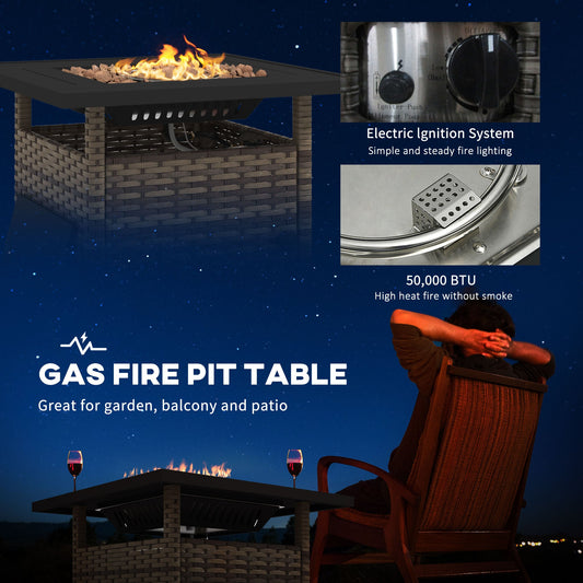 4 Person Rattan Fire Pit Table With Cover - Brown