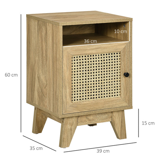 Natural Rattan Bedside Table with Storage Cupboard and Shelf - Brown