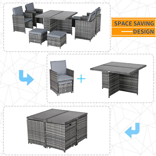 9 Piece Rattan Dining Set with Cushions and Table - Grey