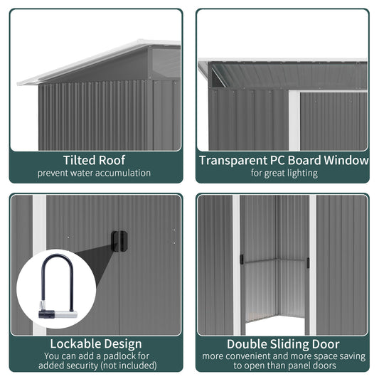 9 x 6ft Metal Garden Storage Shed with Ventilation and Tilted Roof - Grey