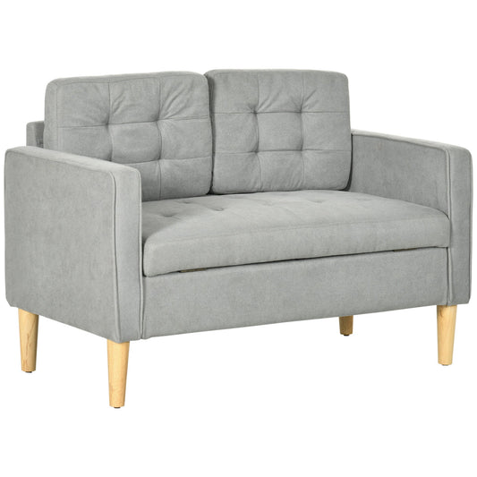 Modern 2 Seater Sofa with Hidden Storage, 117cm Tufted Cotton Couch, Compact Loveseat Sofa with Wood Legs, Light Grey-0