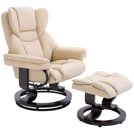 Reclining Swivel Armchair Footstool Set Sofa Padded PU Leather Relaxing Manual Duo Metal Frame Bentwood Base Cream-0