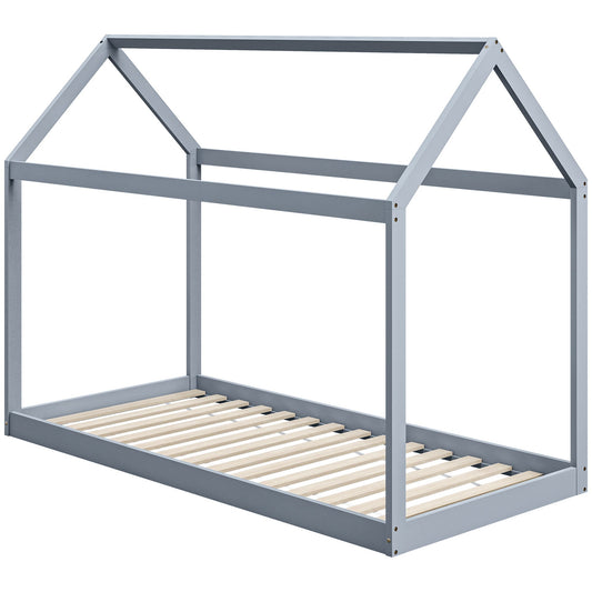 Single House-Shaped Wooden Bed Frame for 90 x 190 cm Mattress - Grey-0