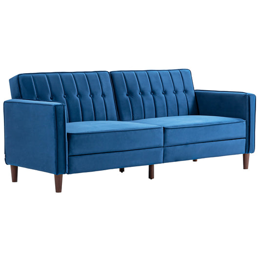 Modern Convertible Sofa Futon Velvet-Touch Tufted Couch Compact Loveseat with Adjustable Split Back, Blue-0