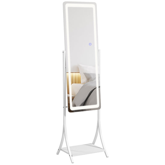 Free Standing Dressing Mirror with LED Lights, Full Length Mirror with 3 Temperature Colours and Storage Shelf-0