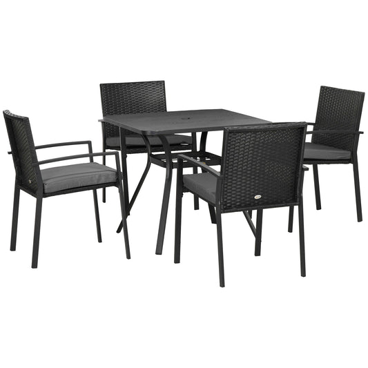 Five-Piece Garden Dining Set, with Rattan Seat Chairs and Cushions - Black-0