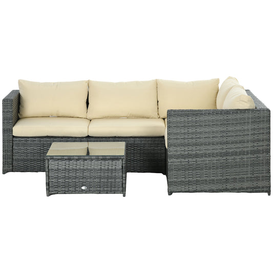 3Pcs Rattan Garden Furniture 4 Seater Outdoor Patio Corner Sofa Chair Set with Coffee Table Thick Cushions, Beige-0