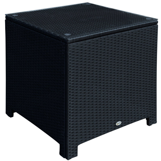 Rattan Garden Side Table with Tempered Glass Top - Black