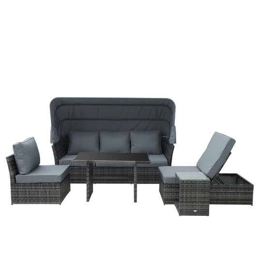 5 Piece Outdoor Rattan Garden Sofa Set with Reclining Seats and Adjustable Canopy - Mixed Grey-0