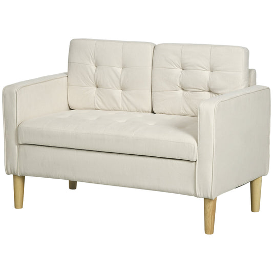 Modern Loveseat Sofa, Compact 2 Seater Sofa with Hidden Storage, 117cm Tufted Cotton Couch with Wood Legs, Cream White-0