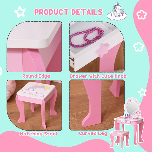 Girls Dressing Table Set with Mirror and Stool Pink Unicorn Design