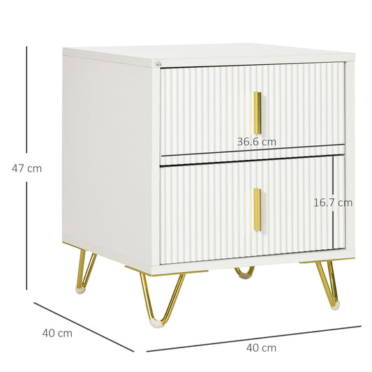 White Bedside Table with 2 Drawers and Metal Frame - Elegant Design