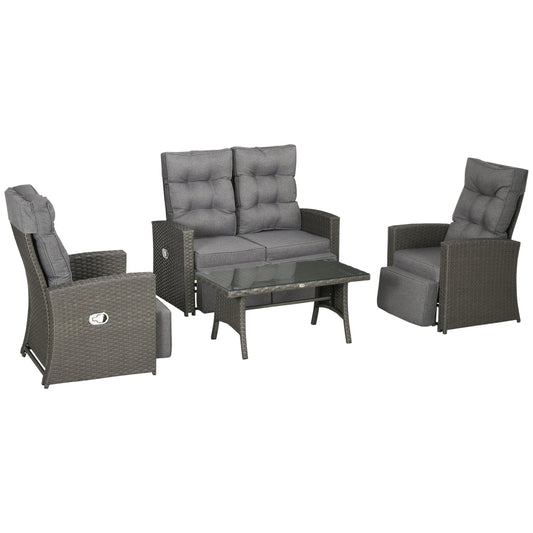 4 Piece Rattan Garden Furniture Sets, 4 Seater Outdoor Sofa Sectional w/Wicker Sofa, Reclining Armchair and Glass Table for Yard, Grey-0