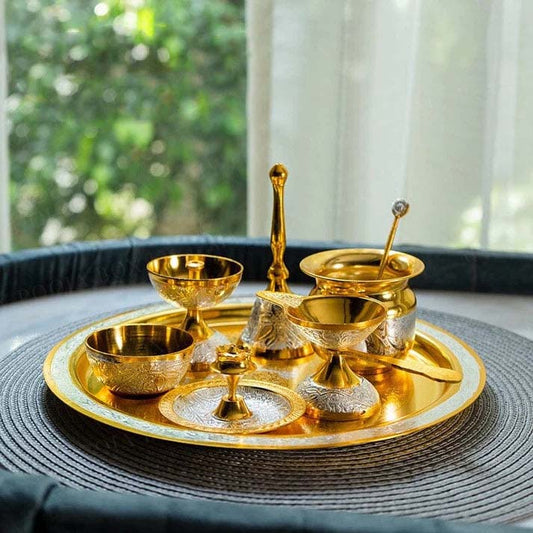 Exclusive Brass Pooja Thali with Brass Finished (Set of 8 Pieces)