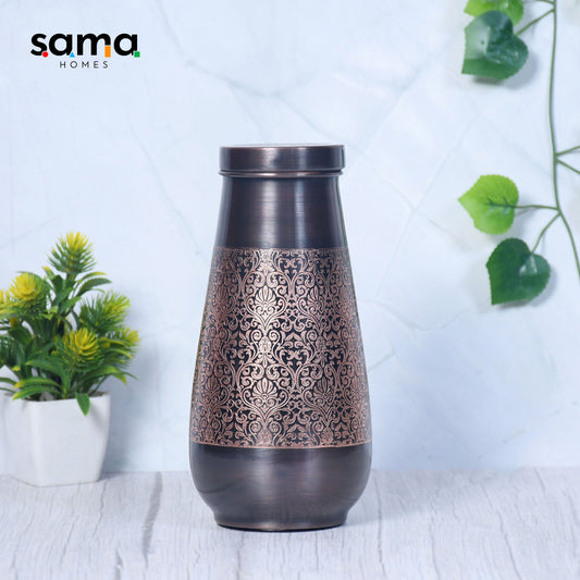 Pure Copper Tulip Jar Antique Engraved Small with In-Built Glass Capacity 800ML
