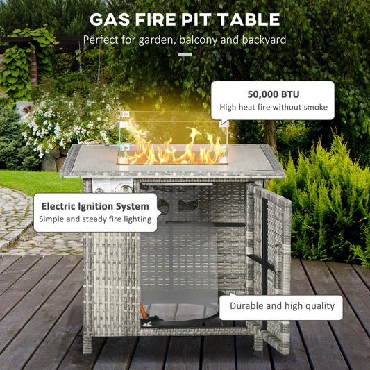Outdoor PE Rattan Gas Fire Pit Table with Rain Cover Grey