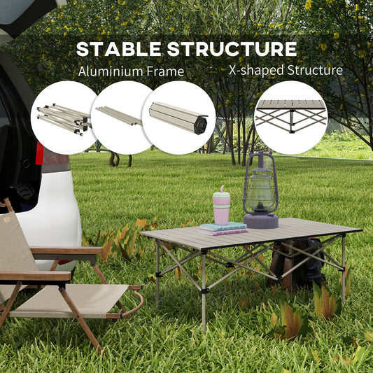Portable Two-Seater Aluminium Picnic Table with Roll-Up Top - Khaki