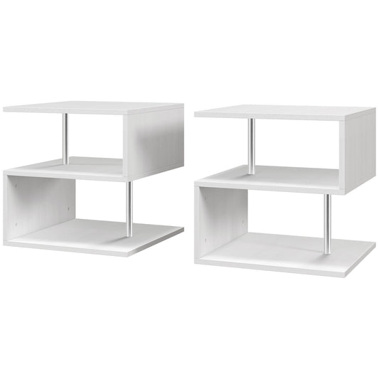 Wooden S Shape Cube Coffee Table 2 Tier Storage Shelves Organizer Office Bookcase Living Room End Desk Stand Display Set of 2 (White)