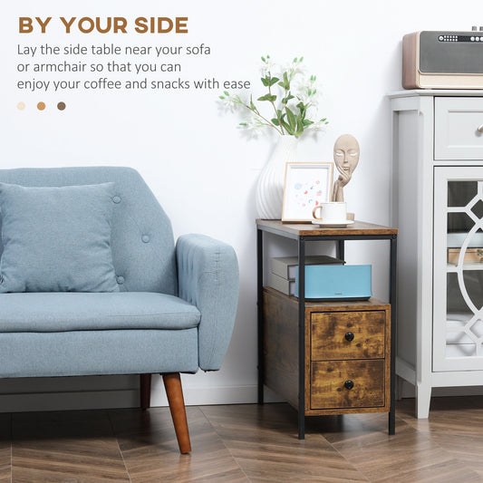 Narrow Rustic Brown Side Table with 2 Drawers and Storage Shelf
