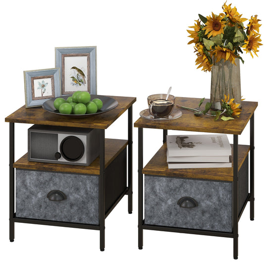 Set of 2 Bedside Table, Nightstand with Non-Woven Fabric Drawer, Side Table, End Table for Living room, Bedroom, Rustic Brown-0