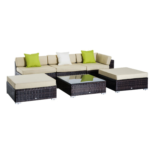 6 Piece Rattan Garden Sofa Set with Coffee Table and Cushions Brown-0