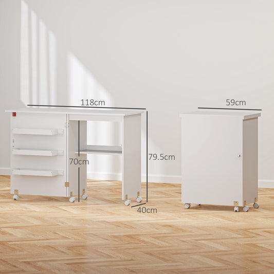 Folding Sewing Table, Drop Leaf Craft Table with Storage Bins, Open Shelf and Wheels, Rolling Sewing Machine Cabinet Computer Desk for Small Space, White
