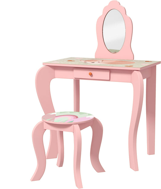 2 Piece Kids Dressing Table and Stool Set with Mirror Pink