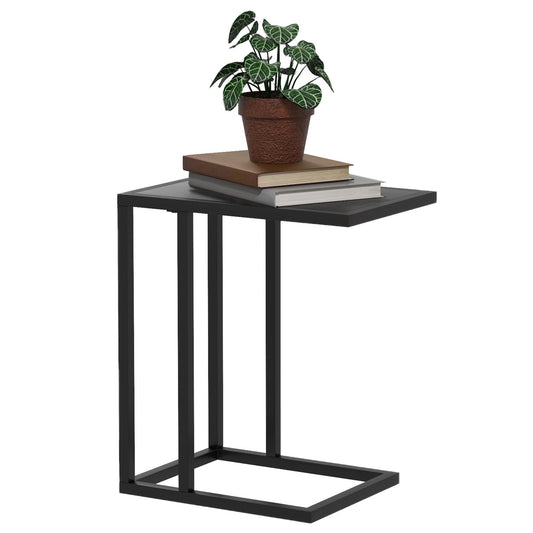 C Shape Bedside Table w/Metal Frame Wood-Effect Top Sofa Narrow Snack End Table for Living Room, Black