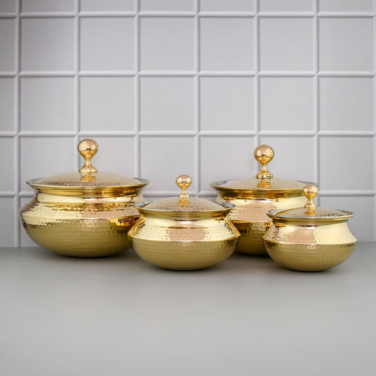4-Piece Pure Brass Handi Set with Lids – Tin-Coated Traditional Cookware for Cooking & Serving (1.3L to 4.7L)