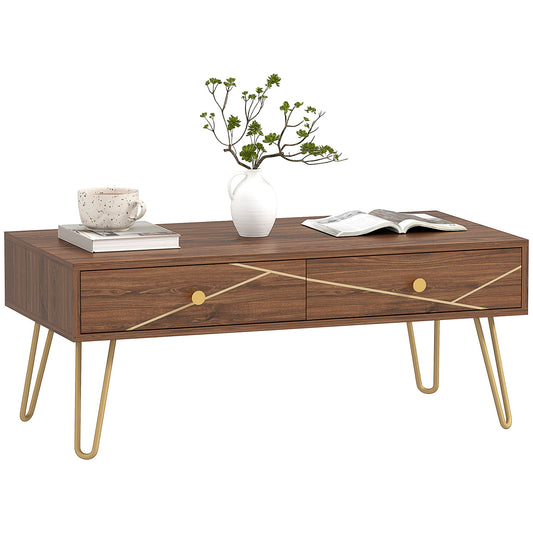 Coffee Table with Storage, Living Room Table with Drawers, Rectangular Tea Table with Steel Base for Home, 100 x 50 x 41 cm, Brown