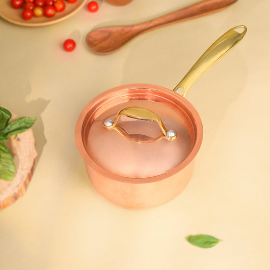 Premium Copper Sauce Pan with Brass Handle & Tin Lining – Ayurvedic Cookware for Health, Immunity & Gourmet Cooking (1.5 Litre, 14.3 Inch)