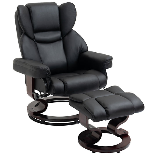 Reclining Swivel Armchair Footstool Set Sofa Padded PU Leather Relaxing Manual Duo Metal Frame Bentwood Base Black-0