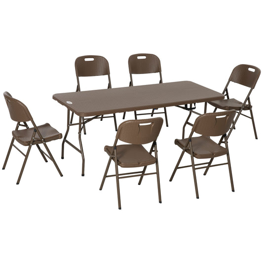 7 Piece Resin Rattan Patio Dining Set with Foldable Chairs Dark Brown