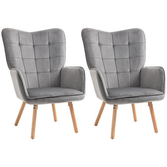 Modern Accent Chair Velvet-Touch Tufted Wingback Armchair Upholstered Leisure Lounge Sofa Club Chair with Wood Legs, Set of 2, Grey-0