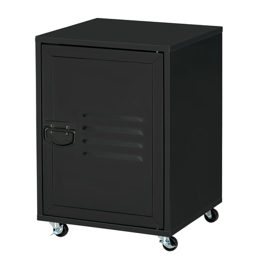 Industrial Rolling Bedside Table with Adjustable Shelf and Metal Door - Black