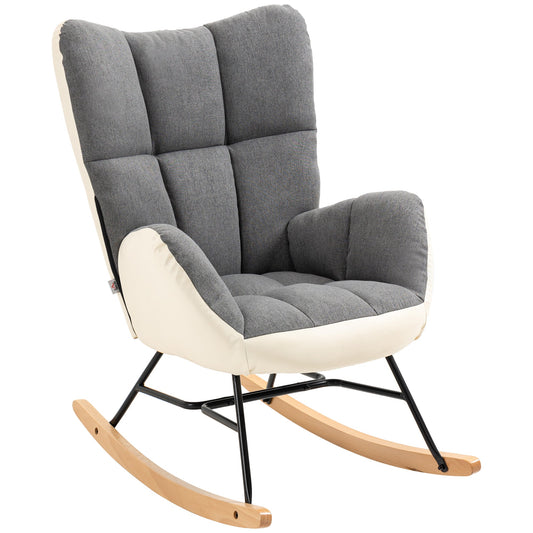 Soft Padded Rocking Wingback Armchair, with Wooden Legs - Grey/Cream-0