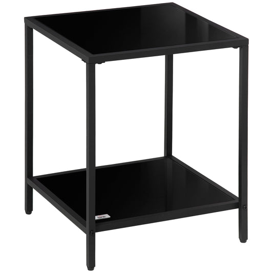 Side Table with Tempered Glass Top, End Table with 2-Tier Storage, Classic Accent Table with Steel Frame, Black-0