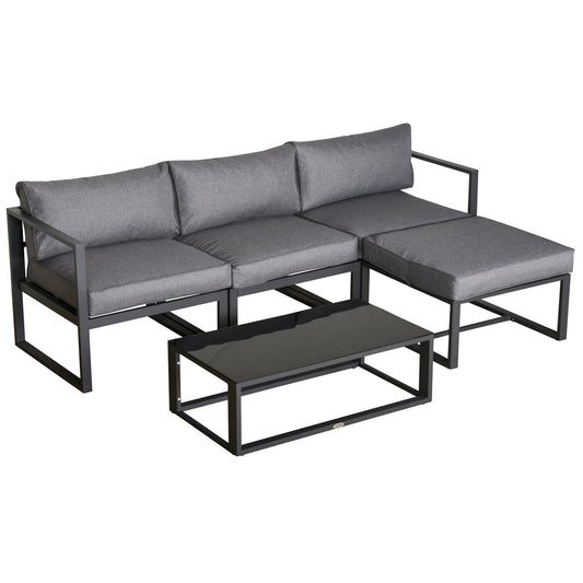 5 Pieces Outdoor Patio Furniture Set, Sofa Couch with Glass Coffee Table, Cushioned Chairs and Metal Frame, for Balcony Garden Backyard, Grey-0