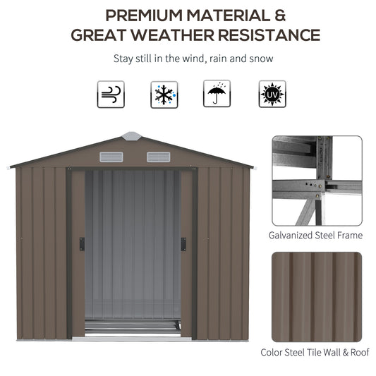 7ft x 4ft Lockable Metal Garden Storage Shed with Roof - Brown