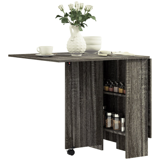 Folding Dining Table, Drop Leaf Table for Small Spaces with 2-tier Shelves, Small Kitchen Table with Rolling Casters, Grey-0