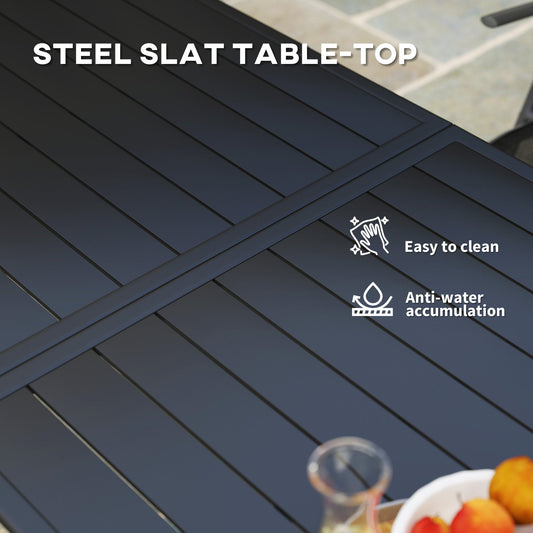 6 Seater Rectangle Garden Table with Slat Top Steel Frame Black