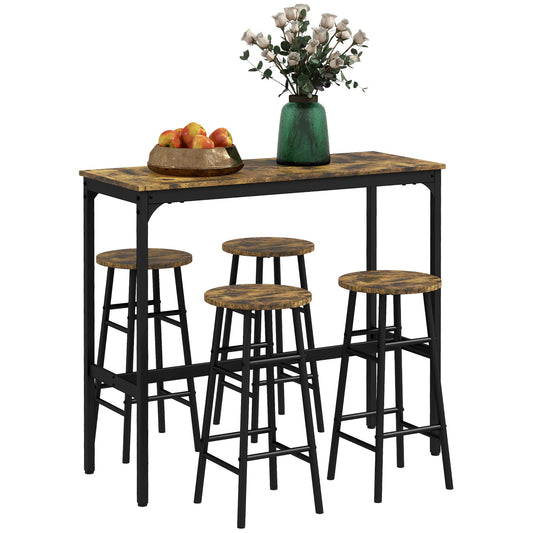 5 Piece Bar Table Set with 4 Stools, Industrial Bar Table and Stool Set, Dining Table and Chair Set, Rustic Brown-0