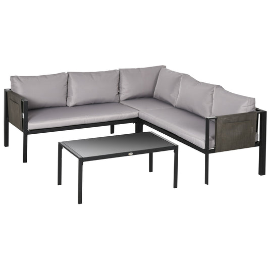 4 Piece Metal Garden Sofa Set with Tempered Glass Table Light Grey-0