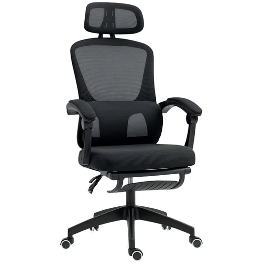 Ergonomic Office Chair, Mesh High Back Desk Chair with Adjustable Lumbar Support and Headrest, Footrest, Reclining Executive Swivel Computer Chair for Home Study, Black