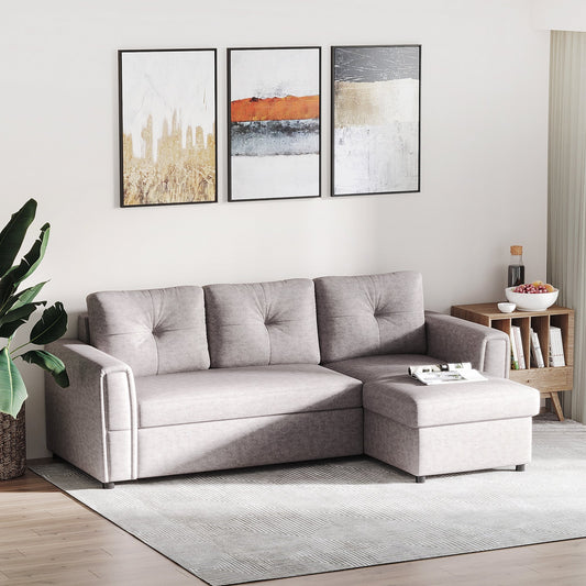 Linen-Look L-Shaped Sofa Bed | Reversible Couch w/ Storage | Sectional Bed Seat Set Sleeper Futon Flat Studio Furniture - Grey-0